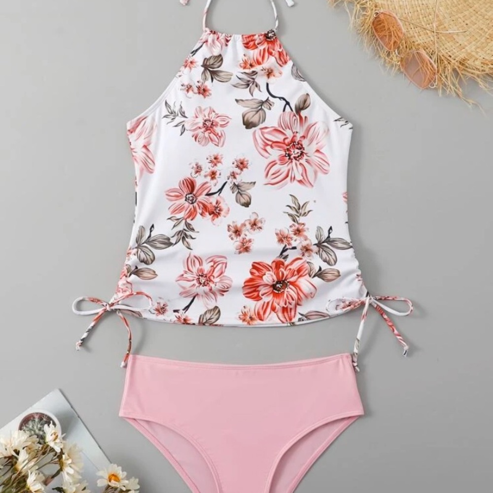 Floral Halter Bikini Set summer beach women size small baby pink s two piece